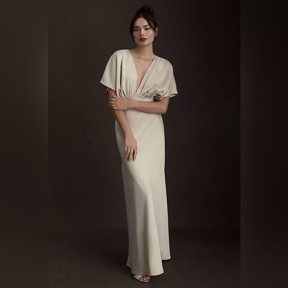 BHLDN Leila Deep-V Flutter-Sleeve Satin A-Line Gown - Picture 1 of 3